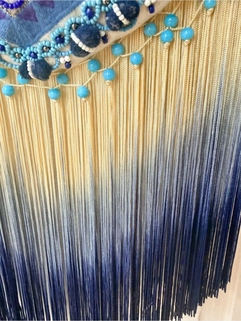Embroidered Fringe Crossbody Bag in Blue and Cream